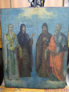 Икона "Св. Иоан, Св. Таисия, Св. Михаил, Св. ап. Иаков" XIX в. Дерево 30х37 см
